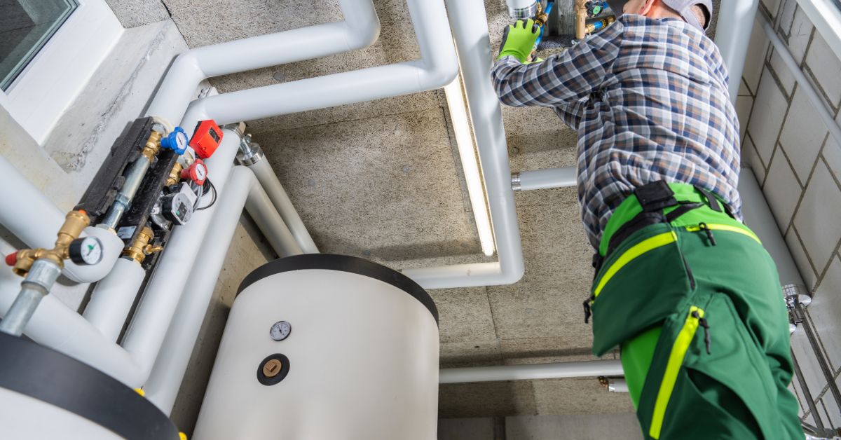 Plumber dealing with pipes