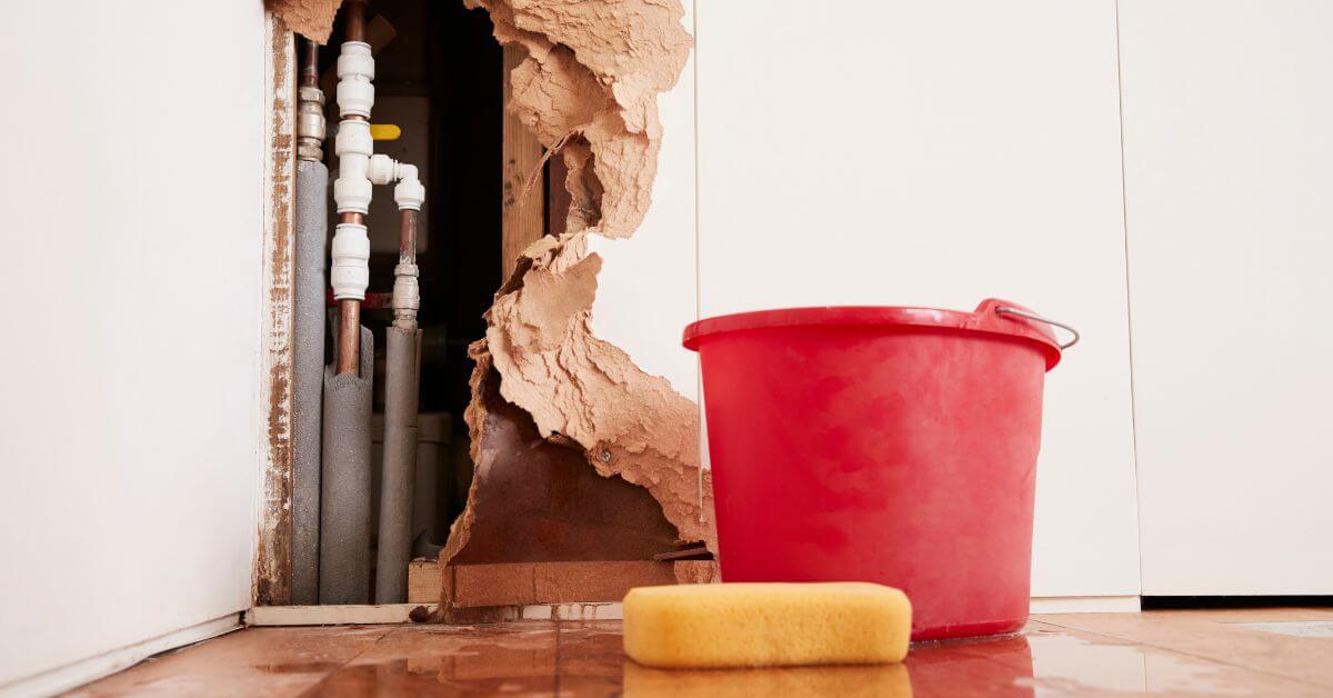 water damage in the wall damage with a red bucket and yellow sponge in front of it